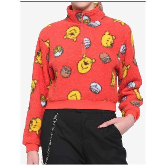 NWOT Disney Pooh Bear Honey Pot Half-Zipper Teddy Cropped Sweater - Picture 1 of 7